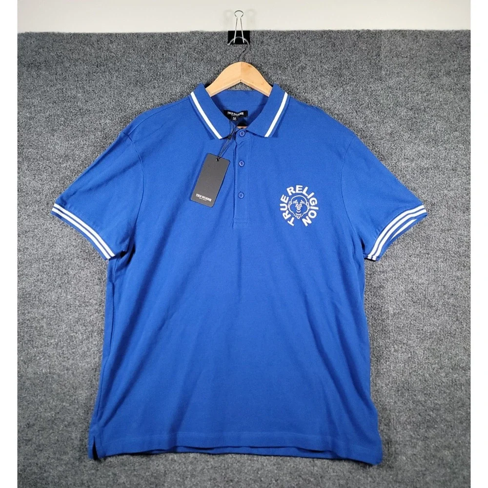 True Religion Polo Shirt Mens Large Blue Embroidered Rugby Relaxed Fit NWT $80